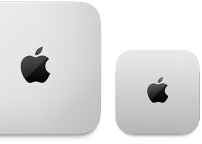Vista desde arriba de una Mac mini 2024 color plata con el logo de Apple al lado de una Mac mini 2023 color plata con el logo de Apple para mostrar la diferencia en tamaño